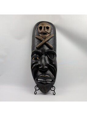 Vintage Hand-Carved Black Wooden Tribal Mask Skull Folk Art 26.5 Inch